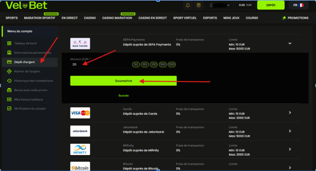 Velobet dépôt d'argent